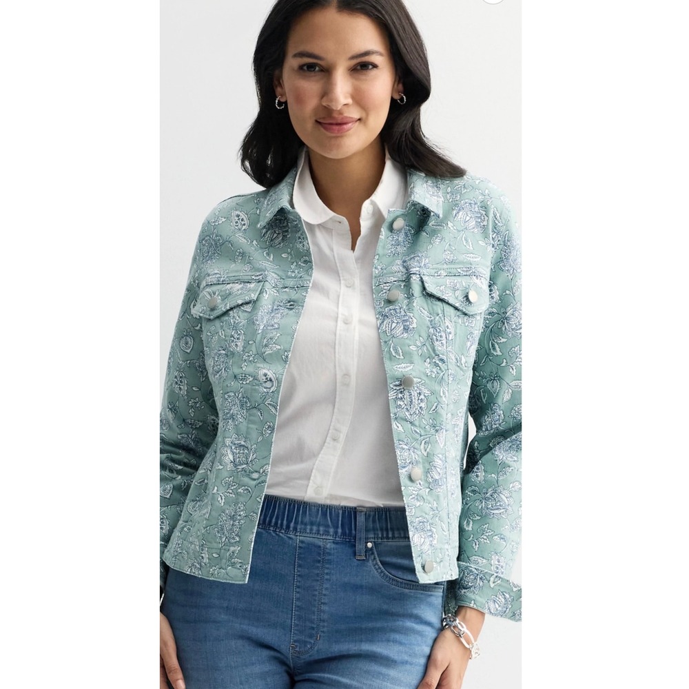 Croft & Barrow Womens Sage Green Floral Paisley Classic Denim Jean Jacket Size M